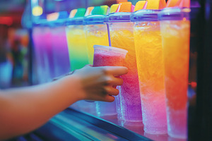 Person picks from rainbow slushies, a Photo by Pavel_design