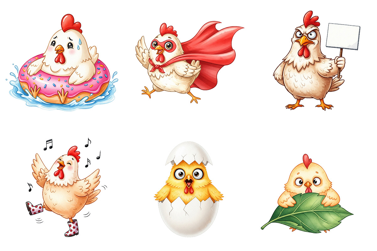Funny Chicken Clipart, an Illustration by Watercolor design (Photo 3 of 4)