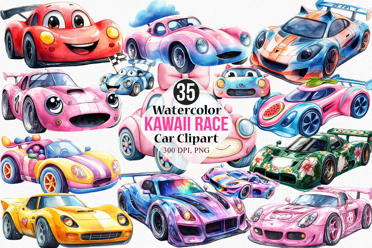 Watercolor Kawaii Race Car Clipart, an Illustration by Canvas Craft (Photo 1 of 8)