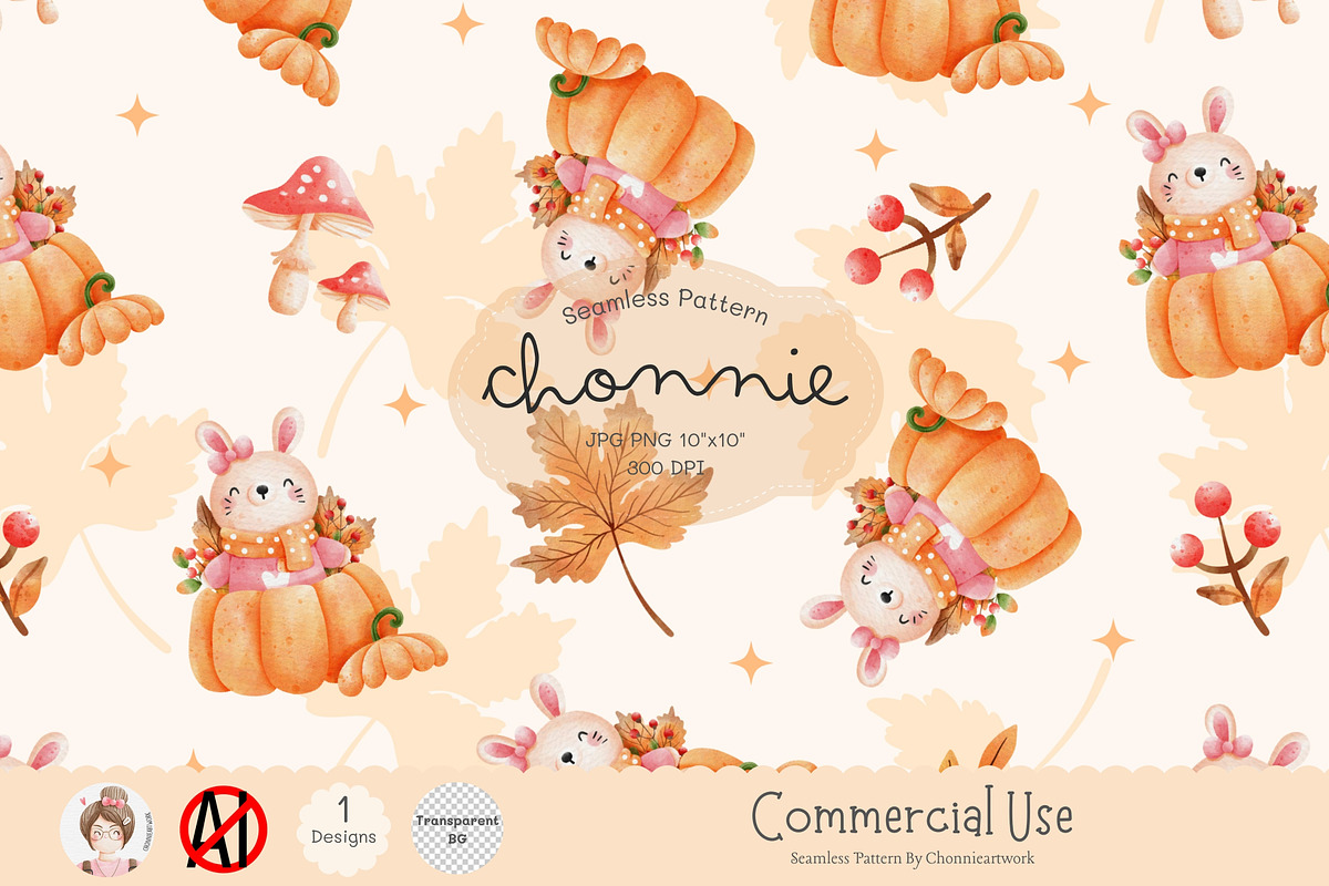 Bunny Pumpkin Seamless Pattern, a Pattern Graphic by Chonnieartwork (Photo 1 of 5)