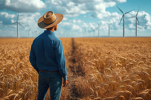 Farmer observing golden wheat field, a Photo by Tanuart