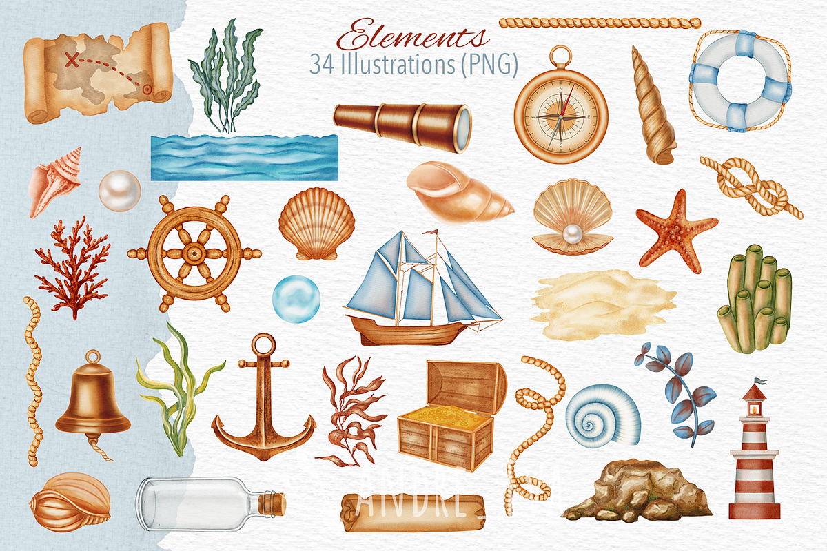 Sea Voyage Watercolor Clip Art, an Object Graphic by Andre_Eva (Photo 2 of 12)
