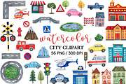 Watercolor Town Road Cars Houses PNG, a Transportation Illustration by PatternPalette (Thumbnail 1 of 3)