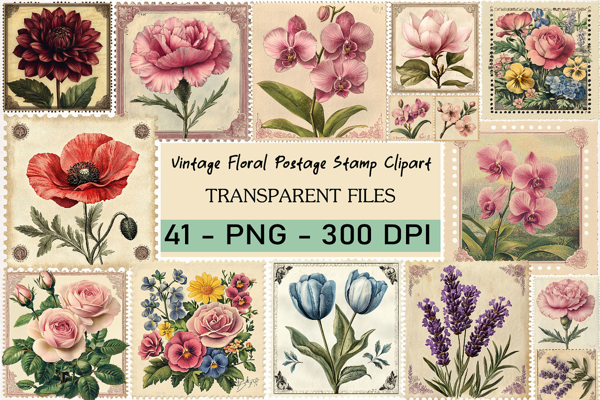 Vintage Floral Postage Stamp Clipart, a Transportation Illustration by Digital Artistic99 (Photo 1 of 10)