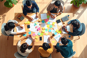 Young professionals engaged in a brainstorming session around a, a Business Photo by DanFLCreativo