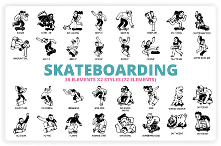 36 Skateboarding Elements x2 Styles, a Graphic by monkik