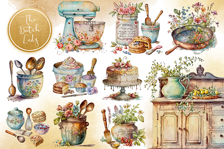 Farmhouse Kitchen Watercolor Clipart, a Food Illustration by The Dutch Lady Designs