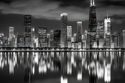 Chicago skyline at night with urban skyscrapers and lake reflect, an Architecture Photo by AS photostudio