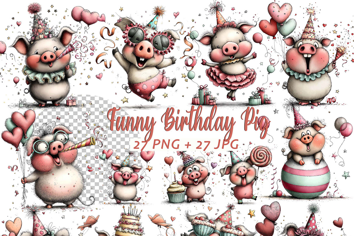 Funny Birthday Pig Clipart Cartoon, a Graphic by one-touch (Photo 1 of 15)