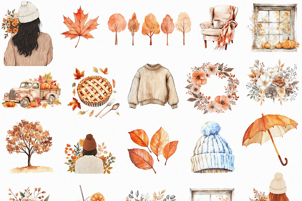 Watercolor Autumn Fall Clipart (PNG), a Seasonal Illustration by DesignBTF (Photo 3 of 6)