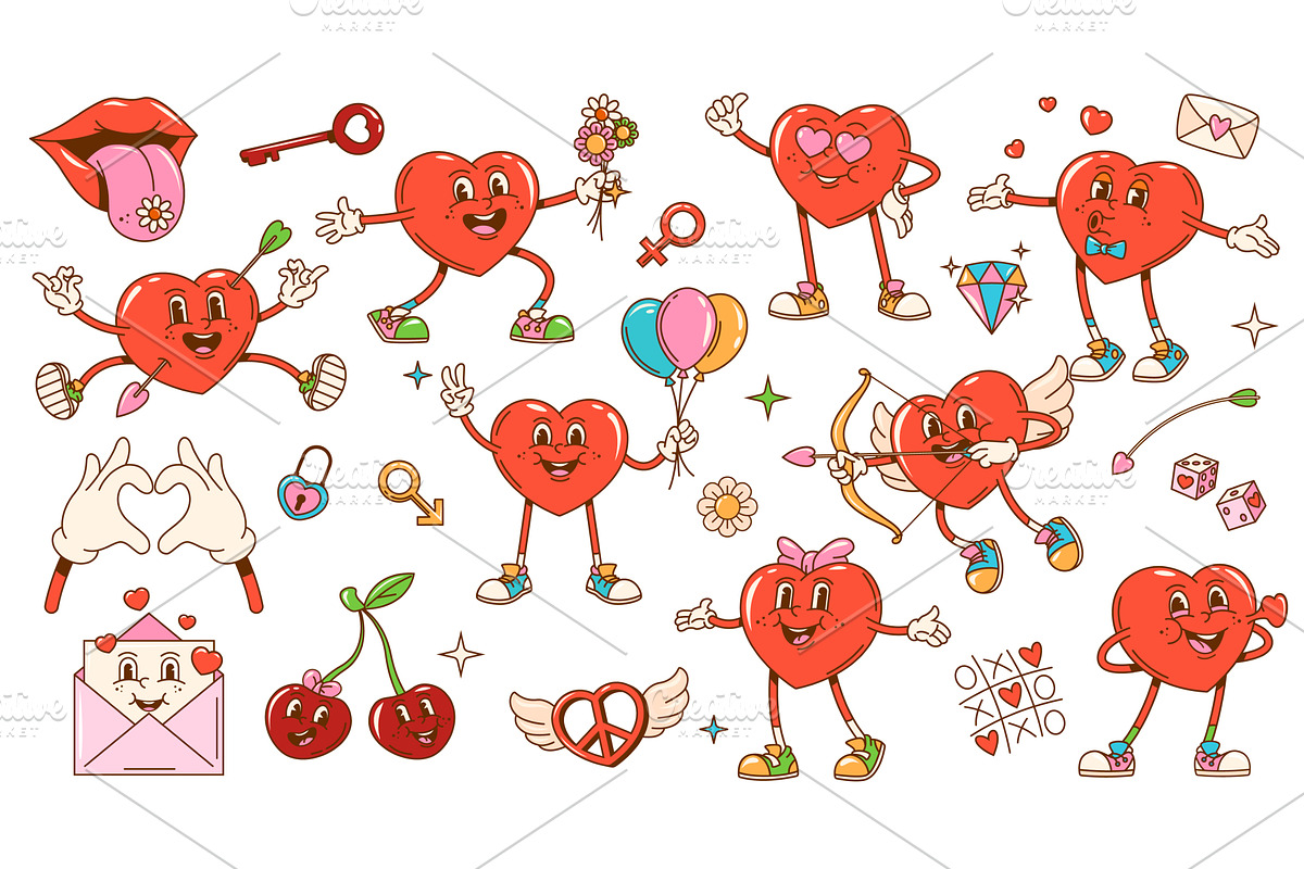 Retro groovy valentine hearts, a Seasonal Illustration by Vector Tradition