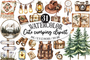 Watercolor camping clipart, a Seasonal Illustration by Designking