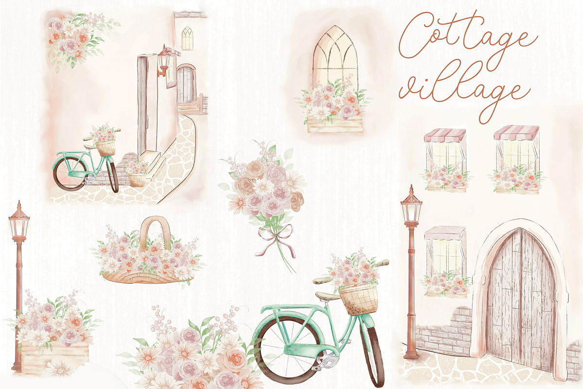 Cottage Village - watercolor clipart, an Illustration by Lolytop Studio (Photo 4 of 7)