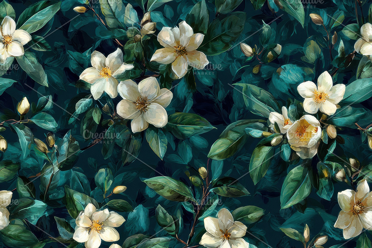 Moody Teal Jasmine Seamless Pattern, a Pattern Graphic by Virgo Studio