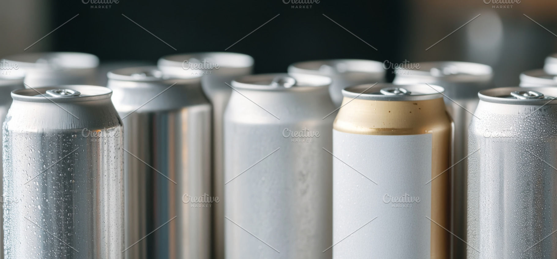 Close-up of multiple silver beer cans with blank surface as mock, a Photo by Dvoevnore photos