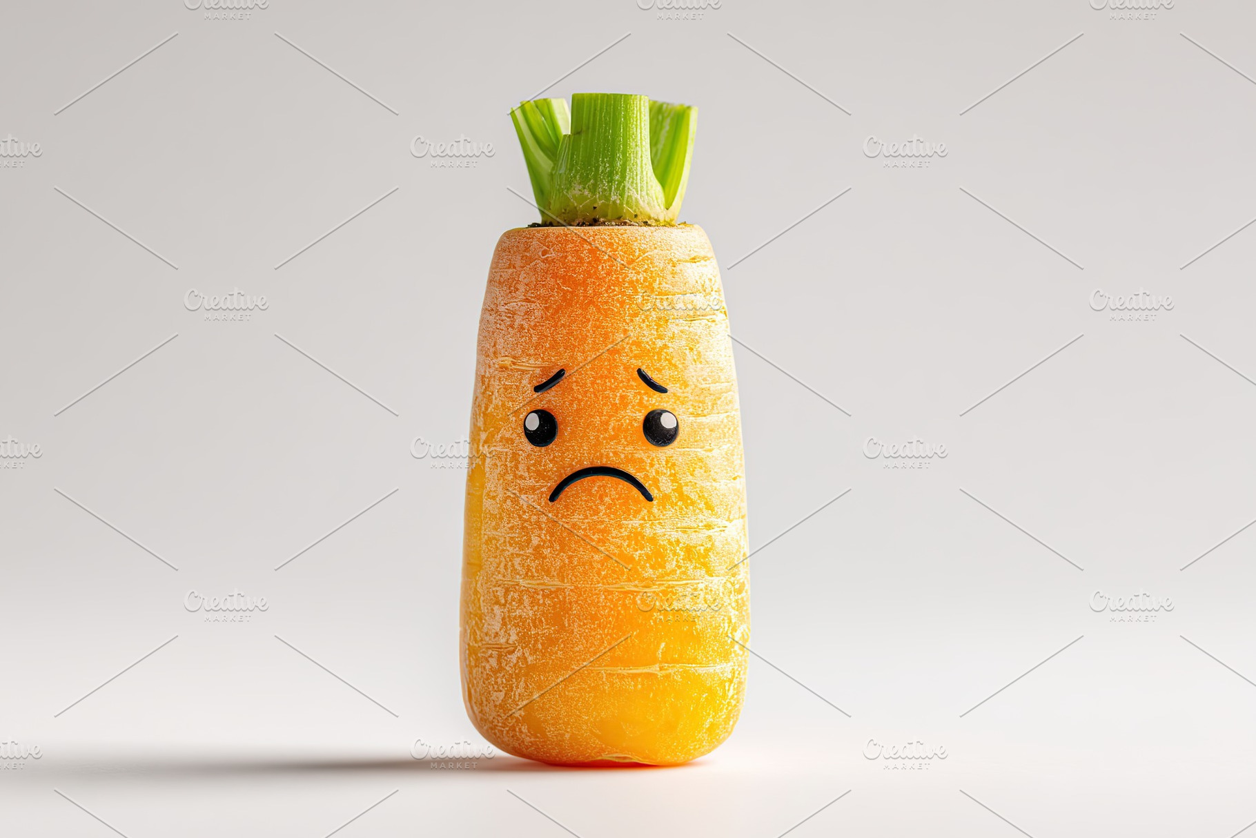 Carrot stick with a sad expression stands upright on a white background, a Food & Drink Photo by AlyaAnd