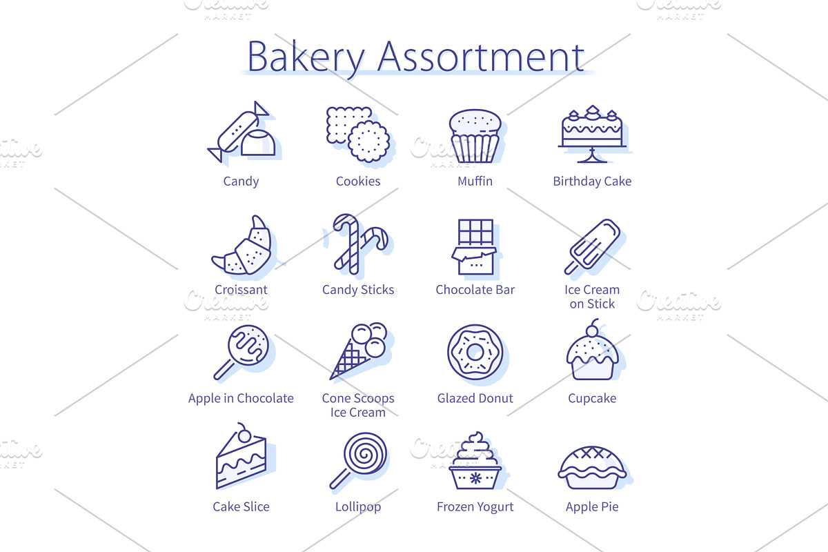 Bakery assortment icons pack, a Food Illustration by Iconicbestiary