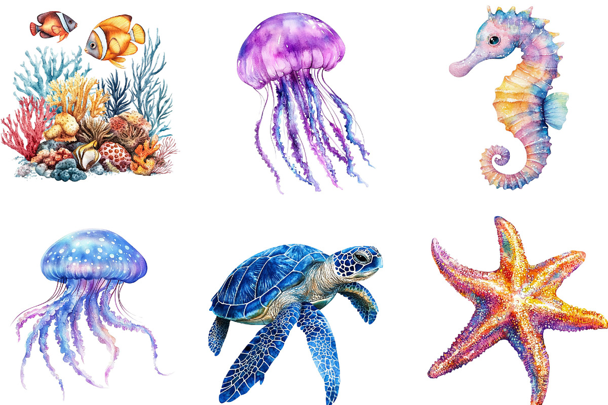 Watercolor Ocean Animals Clipart, an Illustration by Designking (Photo 3 of 5)