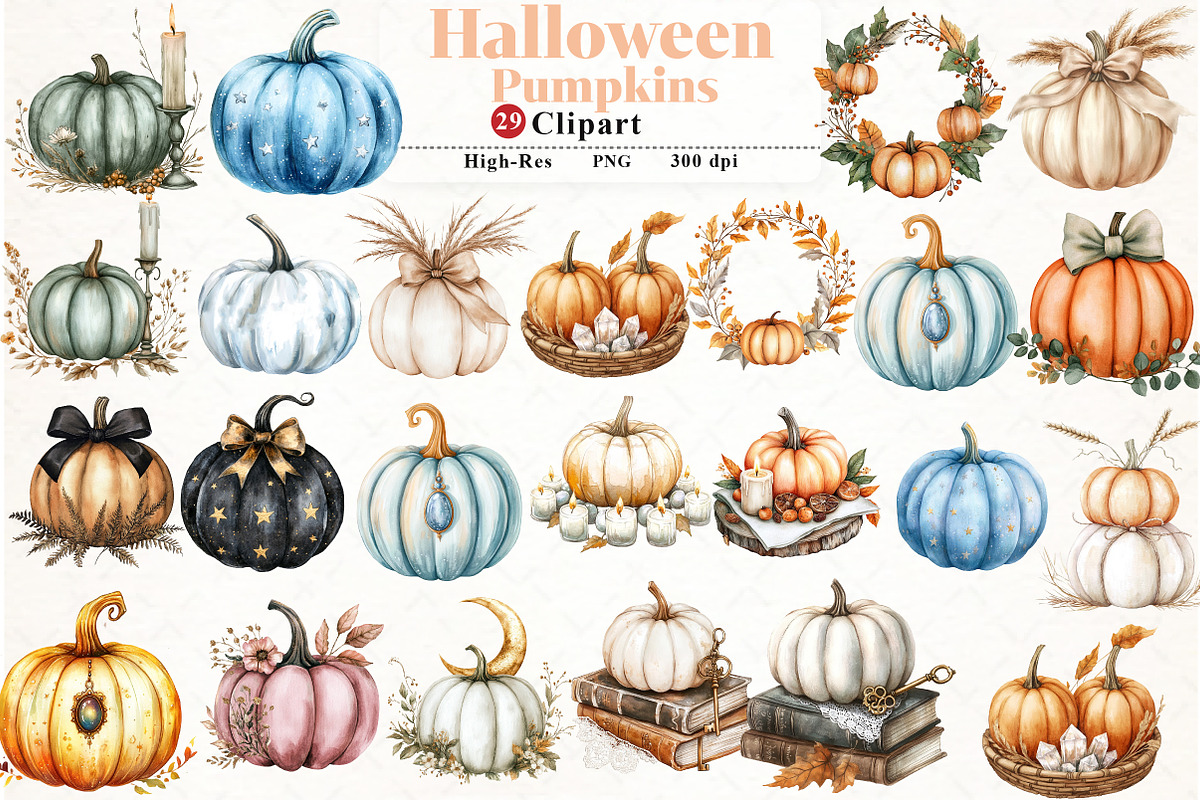 Halloween Pumpkins Clipart, an Illustration by Watercolor design (Photo 1 of 4)