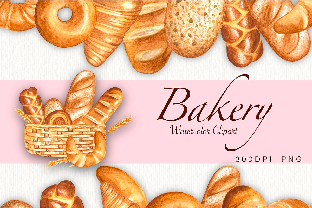 Bakery watercolor hand drawn clipart, a Food Illustration by DiashaArt (Photo 1 of 6)