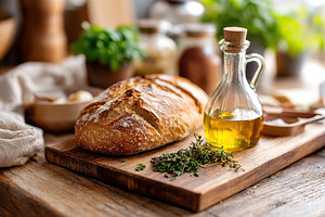 Freshly baked bread with olive oil and herbs on a rustic wooden cutting board i, a Food & Drink Photo by AlyaAnd