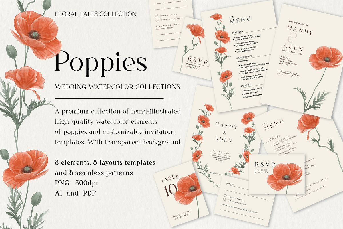 Poppies Watercolor Wedding Set