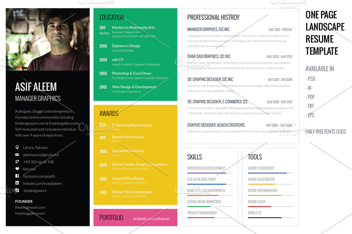Landscape Resume / CV Template, a Resume Template by Prosymbols