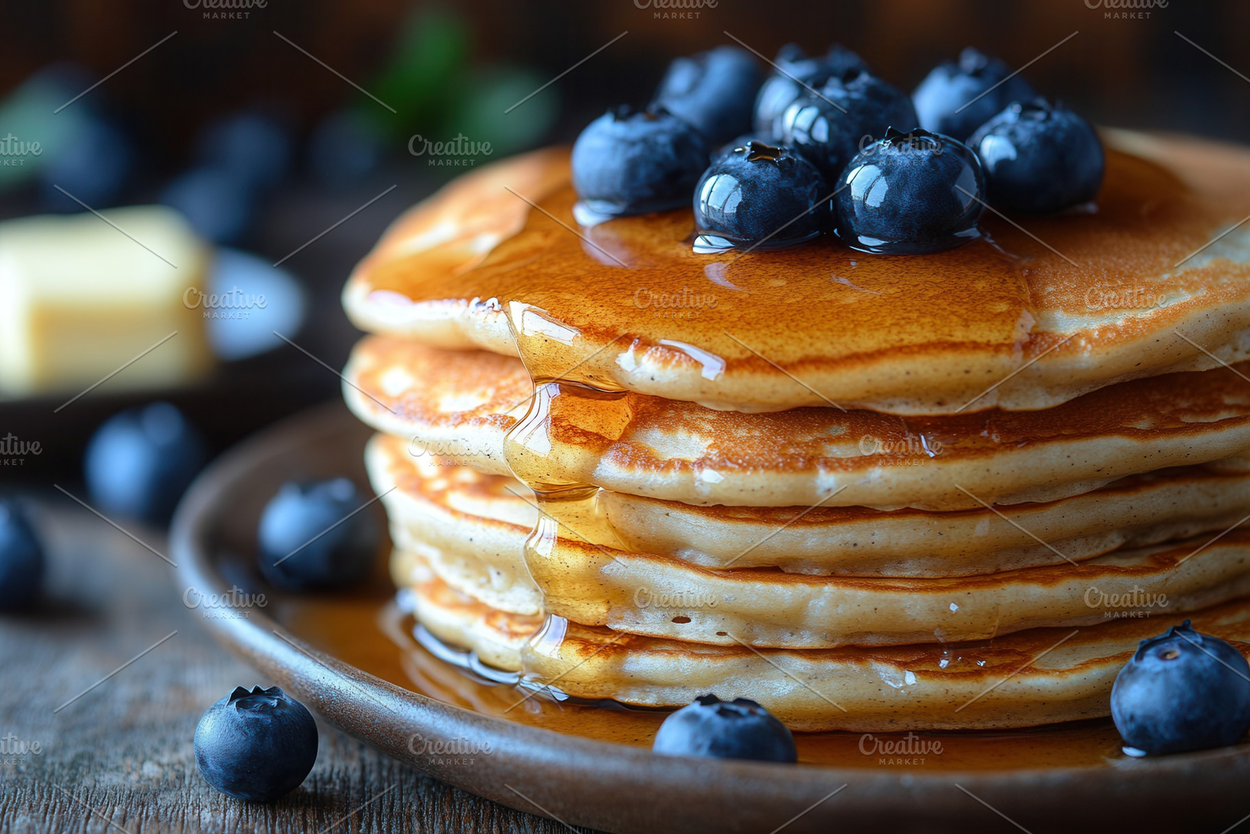 Delicious pancakes stacked high with, a Photo by Tanuart