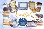 Smart Girl PNG Watercolor Clipart, a Seasonal Illustration by ArtCreationsDesign (Thumbnail 1 of 5)