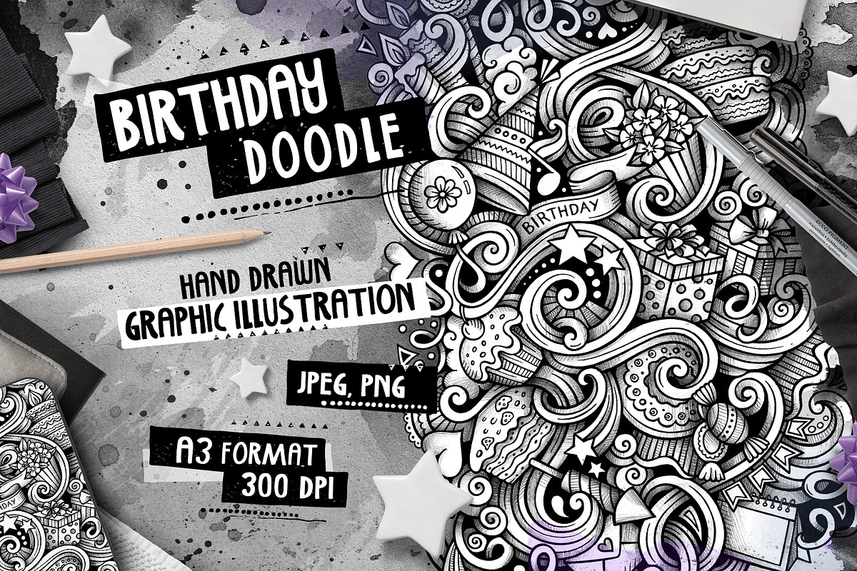 Birthday Graphic Doodle Illustration, a Decorative Illustration by BALABOLKA (Photo 1 of 3)