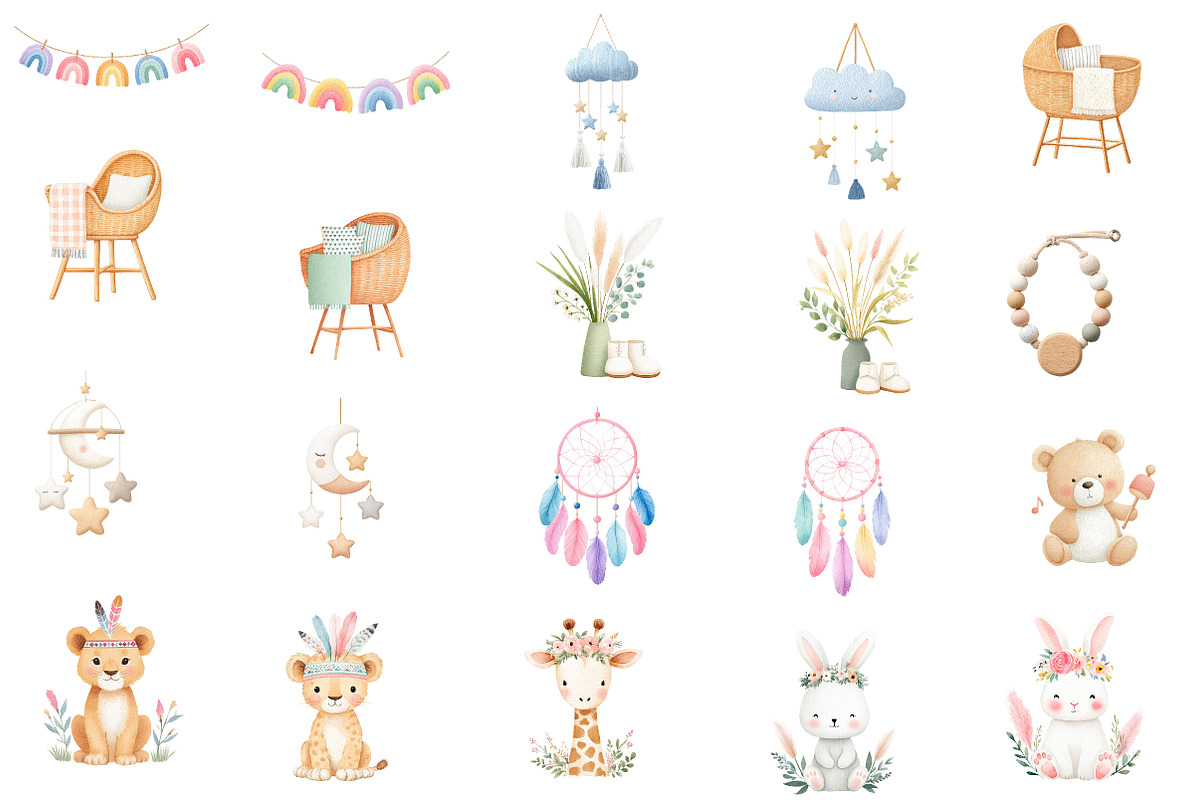 Watercolor Boho Baby Shower clipart, an Illustration by Designworld (Photo 2 of 4)