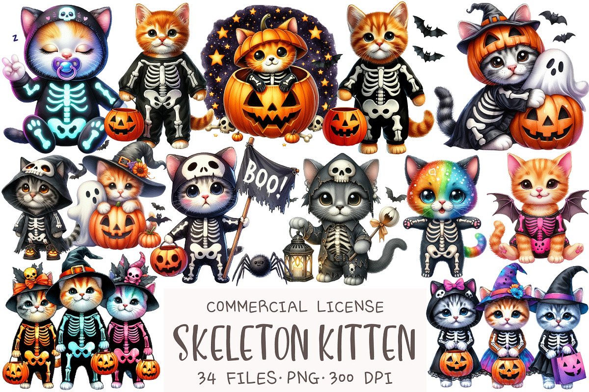 Halloween Skeleton Cat Clipart, an Illustration by OK Design (Photo 1 of 5)