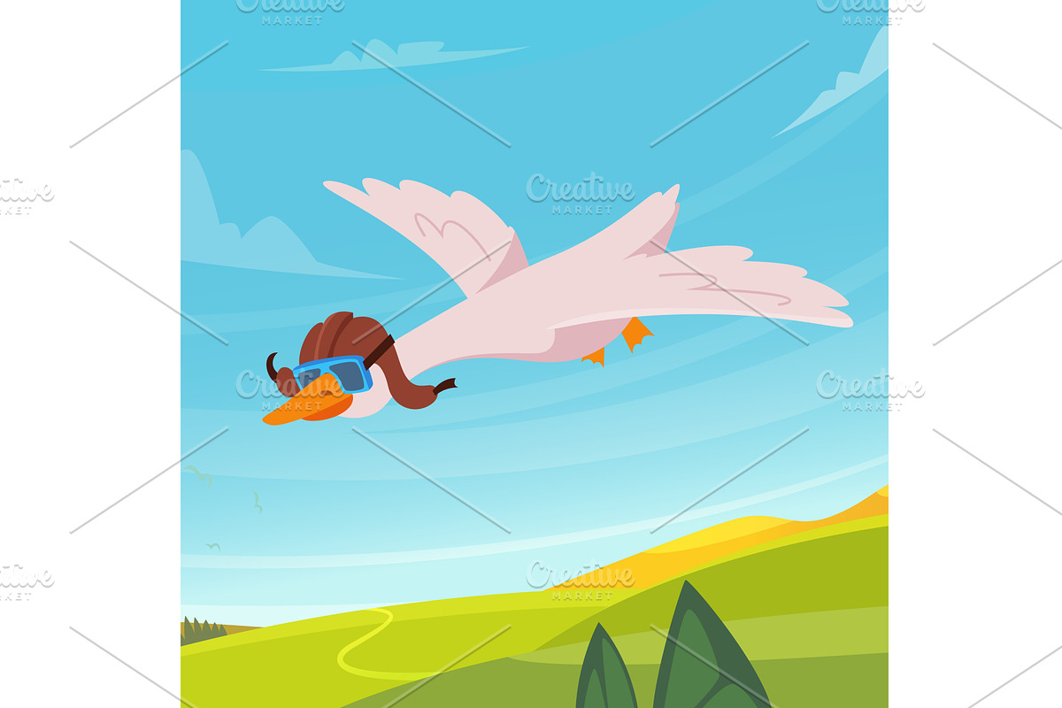 Flying duck. cartoon bird pilot in, an Animal Illustration by Onyx