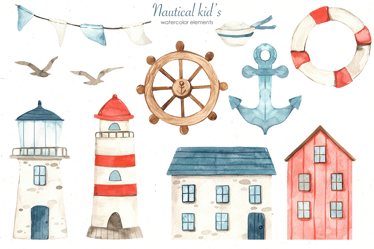 Nautical kids watercolor, a Transportation Illustration by Marina Ermakova (Photo 3 of 12)