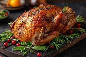 A beautifully roasted turkey garnished with herbs and seasonal b, a Food & Drink Photo by ImageMir