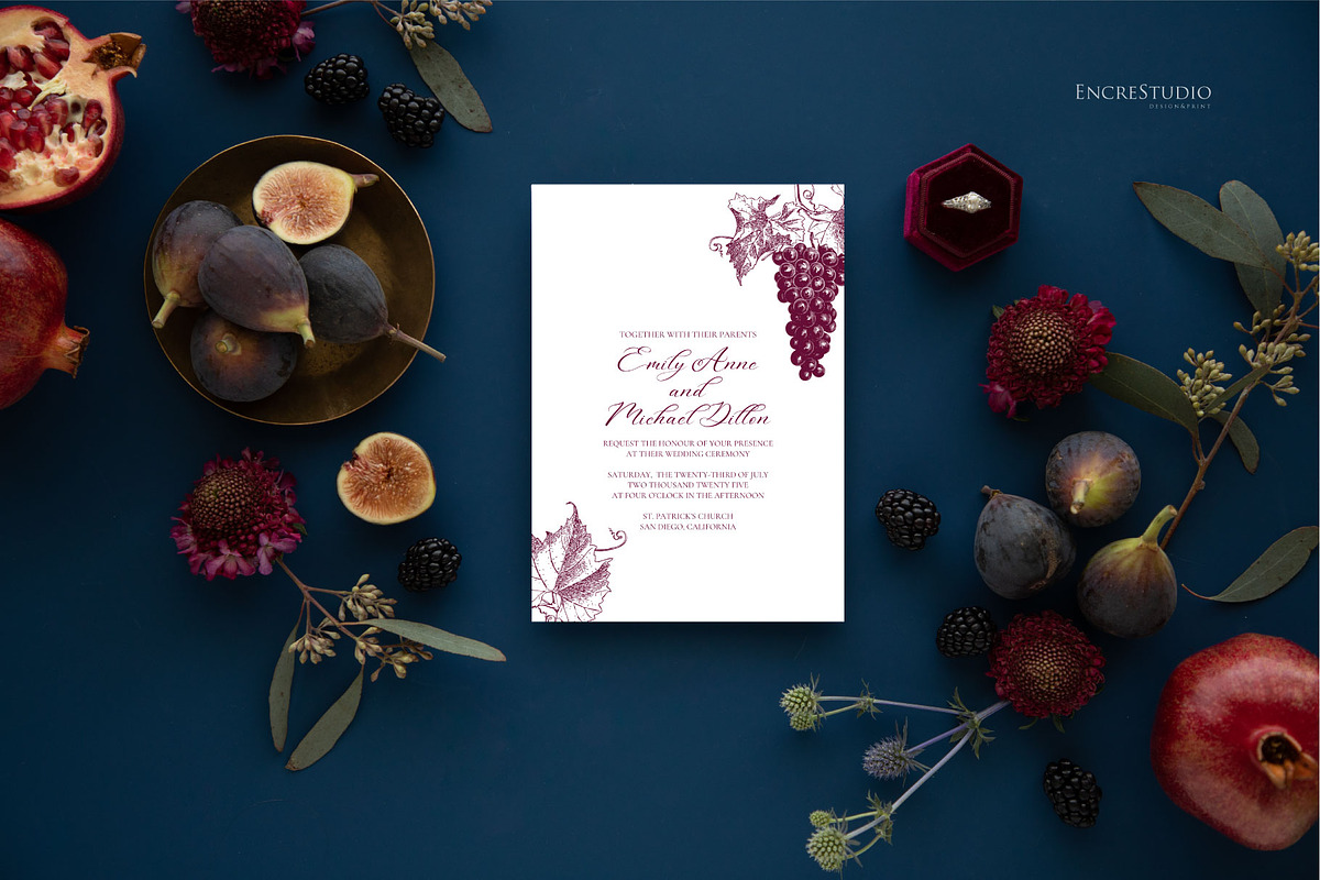 Burgundy Grapes Wedding Invitation, an Invitation Template by Encre Studio (Photo 2 of 5)