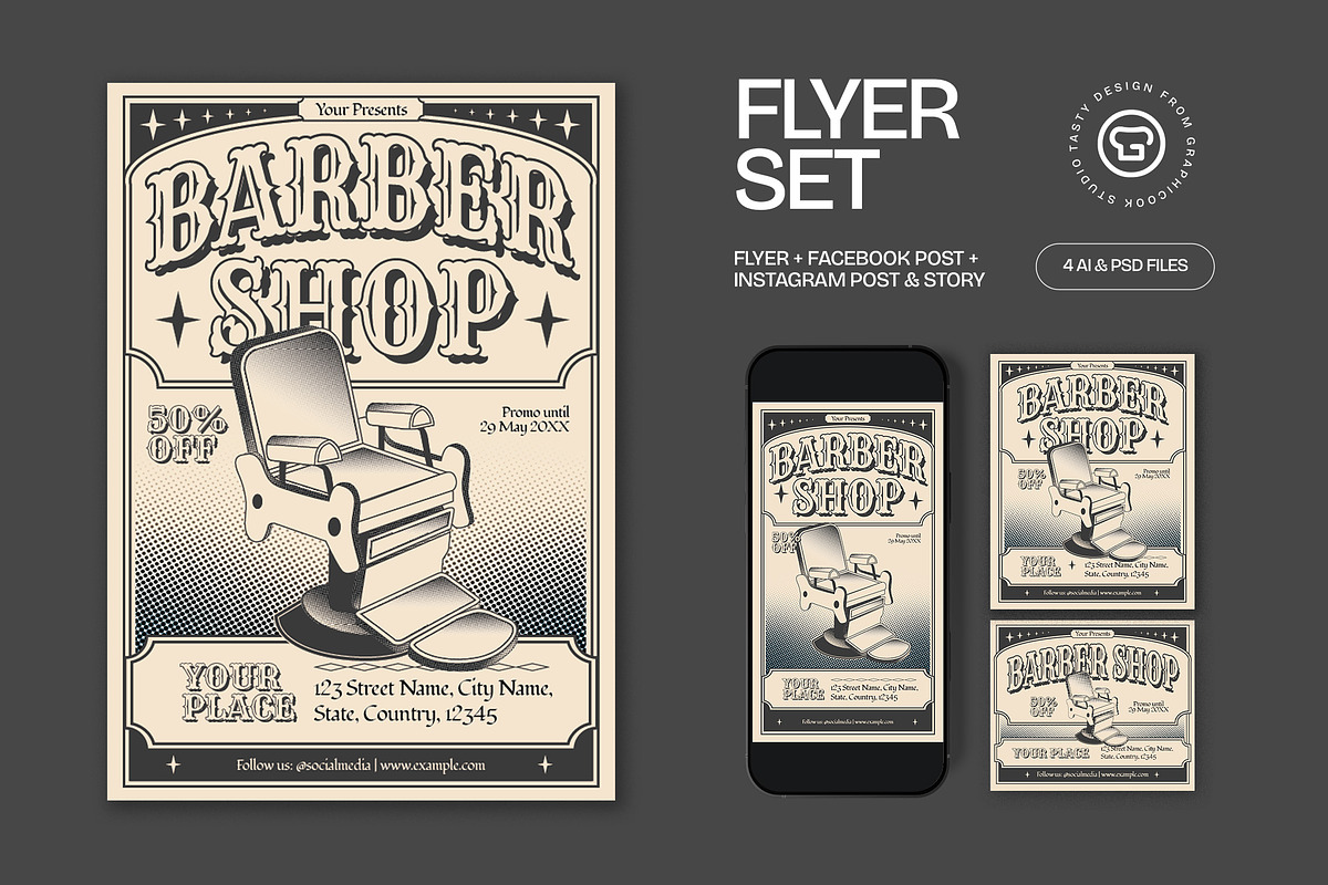 Cream Black Barbershop Flyer Set