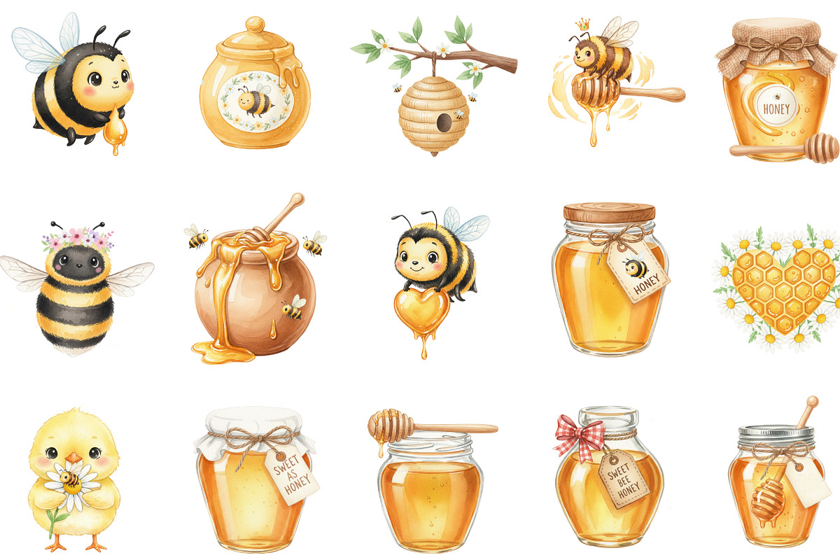 Watercolor Honey and Bee Clipart, an Illustration by Designking (Photo 2 of 5)