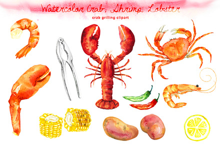 Watercolor Crab, Lobster, Shrimp