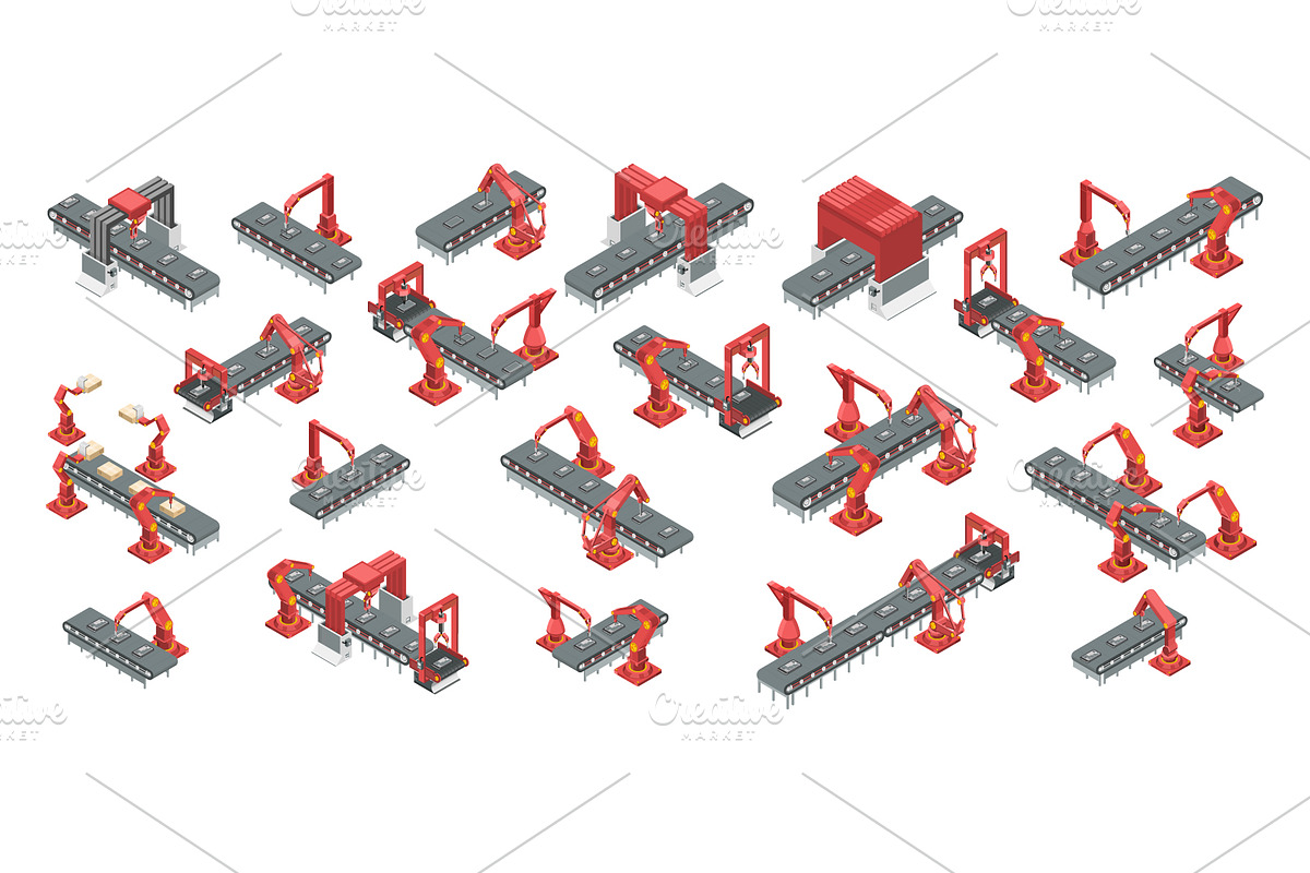 Isometric conveyor with robotic arms, a Technology Illustration by Yayasya (Photo 1 of 3)