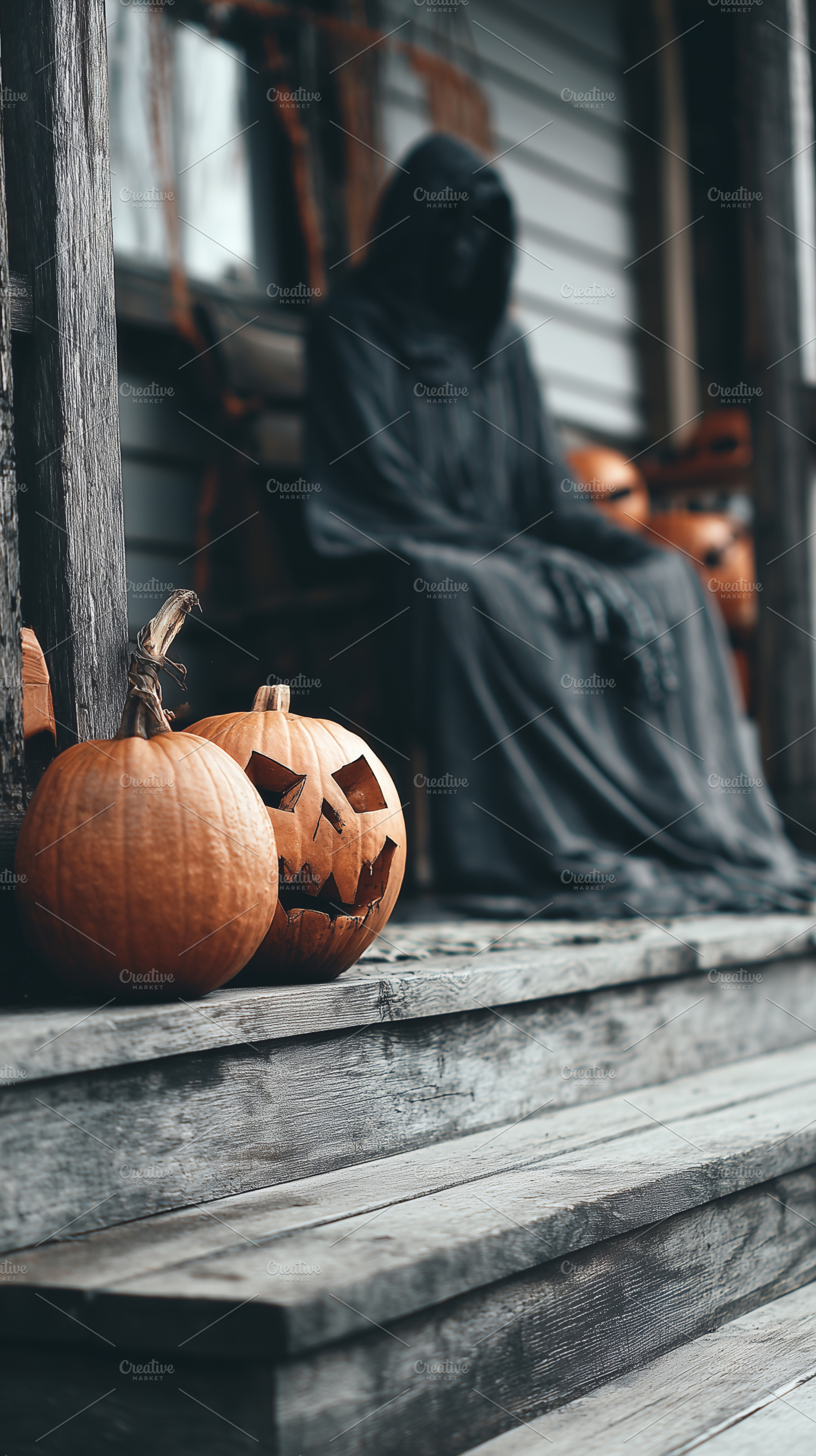 Two carved pumpkins on a wooden, a Holiday Photo by MistyDay