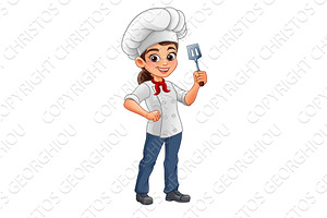 Female Chef Cartoon Holding Spatula, a Food Illustration by Christos Georghiou