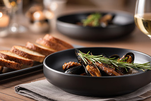 Mussels in a savory sauce garnished, a Food & Drink Photo by MistyDay