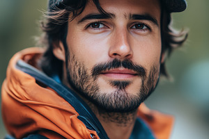 A young man with a beard and mustache, wearing a cap and an orange jacket, pose, a Person Photo by Textures & Backgrounds