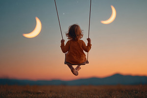 Child Swinging Under Crescent Moons at Sunset, a Person Photo by AlyaAnd