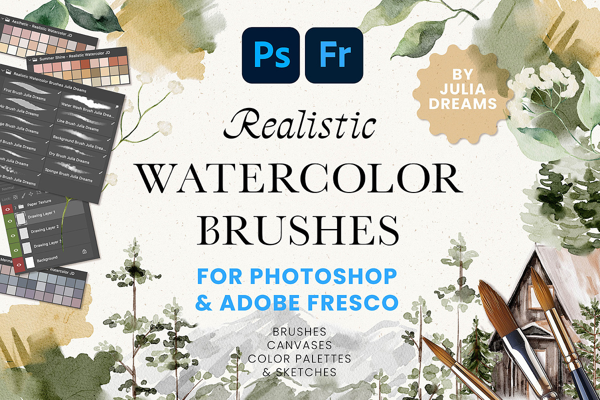Watercolor Photoshop Fresco Brushes, a Brush Add-On by Julia Dreams (Photo 1 of 10)