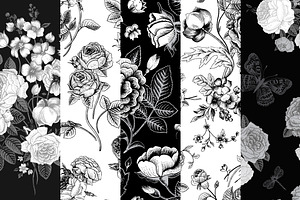 Set Of Vintage Floral Pattern B & W