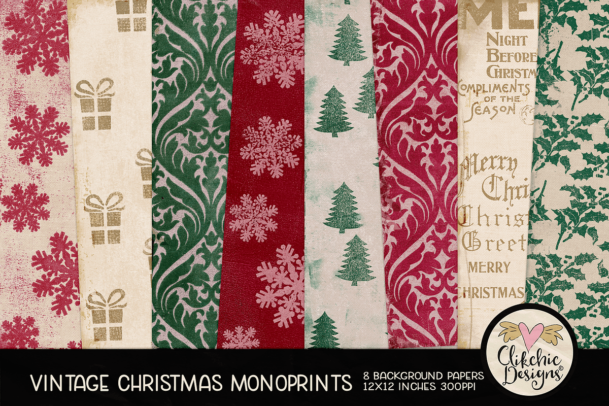 Vintage Christmas Monoprint Papers, a Texture Graphic by Clikchic Designs (Photo 1 of 6)