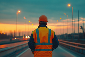 Construction worker wearing uniform and building highway road, an Industrial Photo by AlyaAnd