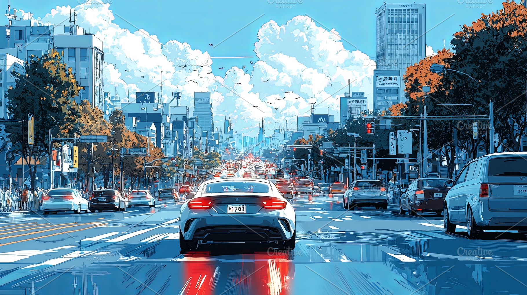 City street with cars and urban scenery under a sunny blue sky, a Photo by AS photostudio